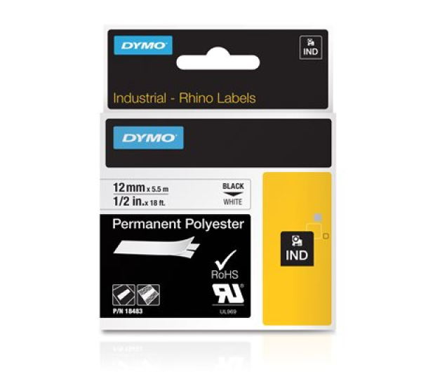 Feliratozógép szalag, tartós poliészter, 12 mm x 5,5 m, DYMO "Rhino", fehér-fekete (GD718210)