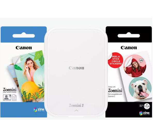 Canon ZOEMINI 2 Fotónyomtató Gyöngyházfehér + 5x7,6cm ZINK fotópapír 20 lap + 3.3 cm ZINK 10 lap körmatrica papír 