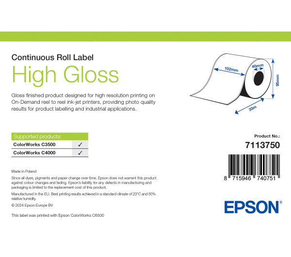 Epson High Gloss folytonos címketekercs 102mm*33fm