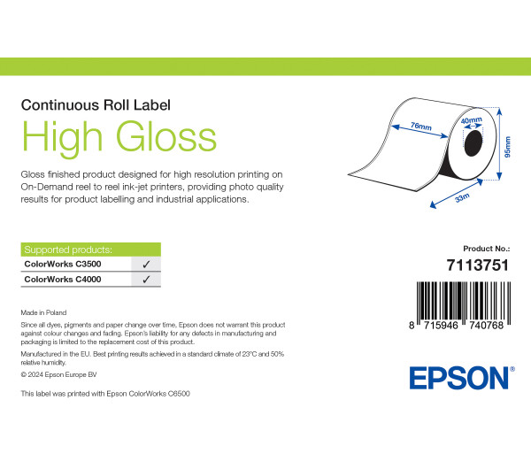 Epson High Gloss folytonos címketekercs 76mm*33fm