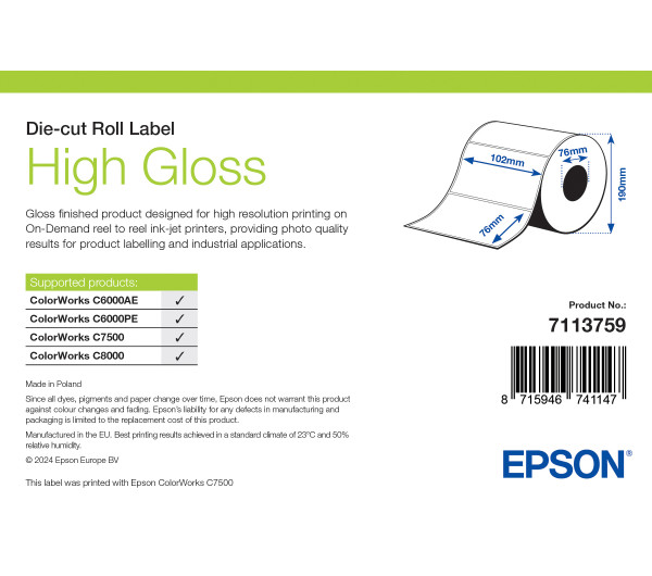 Epson High Gloss címke 102mm*76mm, 1570 címke/tekercs
