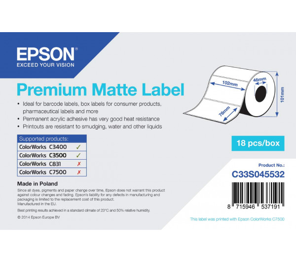 Epson prémium matt inkjet 102mm x 76mm 440 címke/tekercs