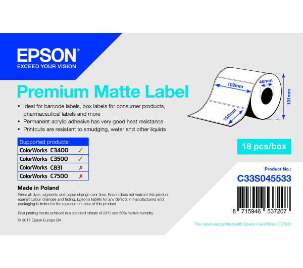Epson Premium Matte címke 102mm*152mm, 225 címke/tekercs