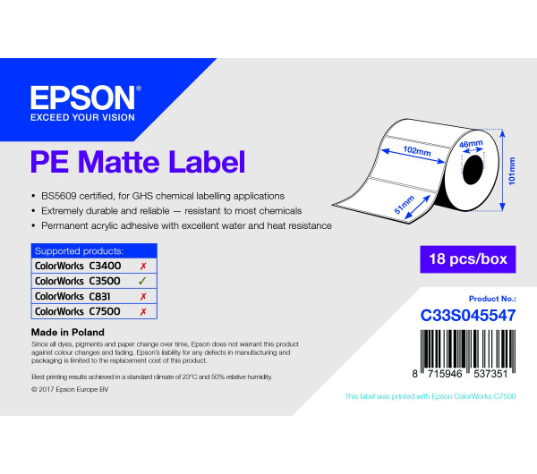 Epson fehér matt inkjet 102mm x 51mm 335 címke/tekercs