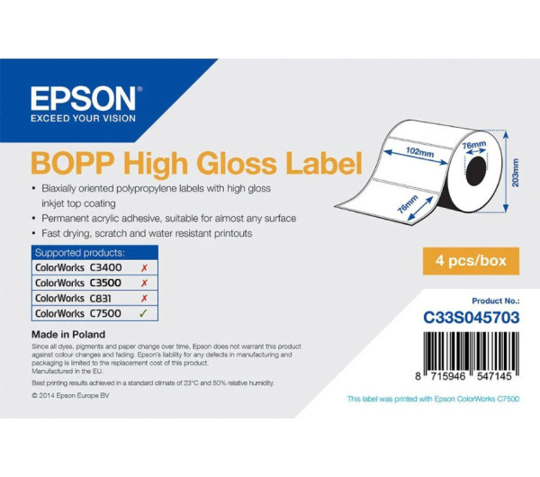 Epson BOPP High Gloss címke 102mm*76mm, 1890 címke/tekercs