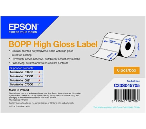Epson BOPP High Gloss címke 76mm*51mm, 2770 címke/tekercs