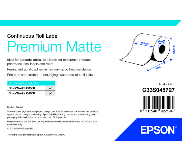 Epson Premium Matte folytonos címketekercs 105mm*35fm