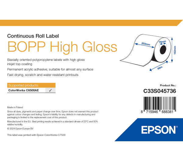 Epson BOPP High Gloss folytonos címketekercs 203mm*68fm