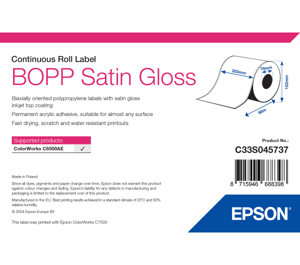 Epson BOPP Satin Gloss folytonos címketekercs 203mm*68fm