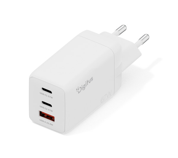 DIGITUS DA-10303 2xUSB-C 1x USB-A GaN II 67W fehér gyorstöltő adapter