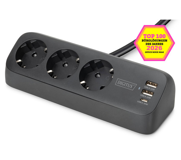 DIGITUS DA-70625 3 aljzatos 2x USB-A 1x USB-C fekete 1,5m asztali elosztó