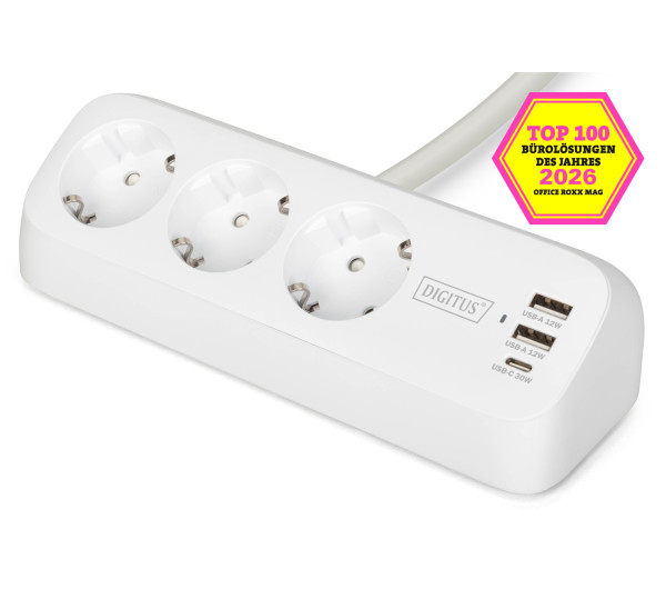 DIGITUS DA-70626 3 aljzatos 2x USB-A 1x USB-C fehér 1,5m asztali elosztó
