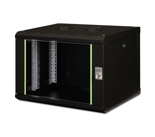 DIGITUS Unique DN-19 07-U-SW 19" 7U 420x600x450mm lapraszerelt üvegajtós fekete fali rack szekrény