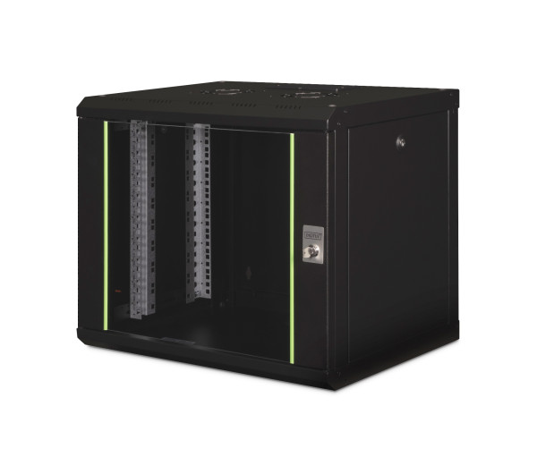 DIGITUS DN-19 09-U-SW Unique 19" 9U 509x600x450mm lapraszerelt üvegajtós fekete Unique fali rack szekrény