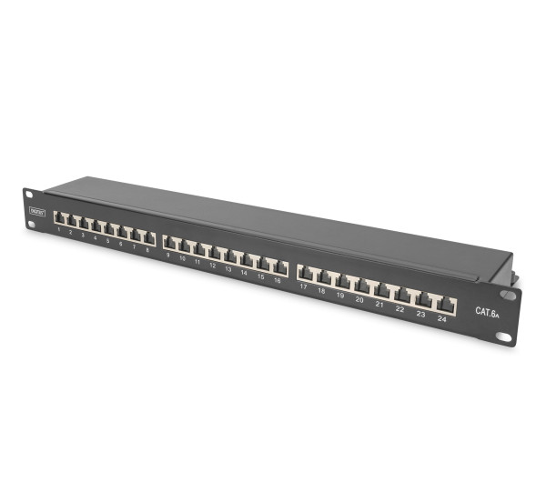 DIGITUS DN-91624S-EA-B 19" 1U 24port Cat.6A kompakt fekete árnyékolt patch panel