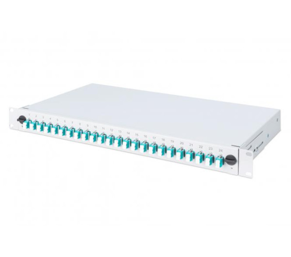 DIGITUS DN-96332/3 19" 1U 24xLC duplex OM3 toldóval pigtaillel és kötőkazettával szerelt optikai patch panel