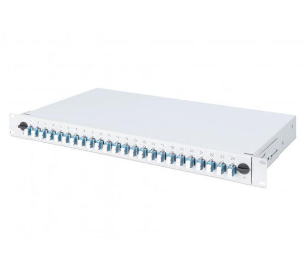 DIGITUS DN-96332-4 19" 1U 24xLC duplex OM4 toldóval pigtaillel és kötőkazettával szerelt optikai patch panel
