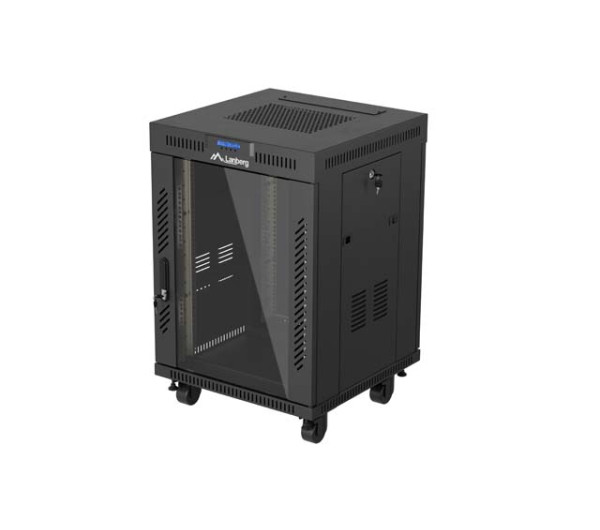 Lanberg FF01-6615-12BL 19 15U SZÉL:600mm MÉLY:600mm MAG:928mm lapraszerelt LCD üvegajtós fekete álló rack szekrény