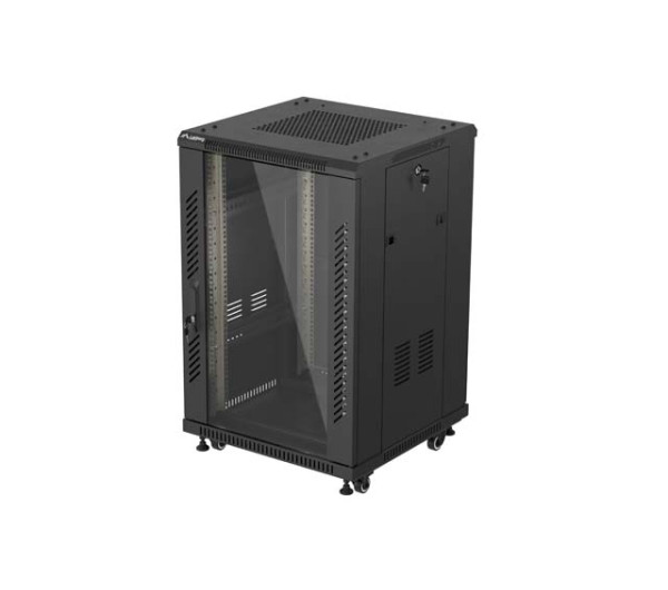 Lanberg FF01-6618-12B 19" 18U SZÉL:600mm MÉLY:600mm MAG:900mm lapraszerelt üvegajtós fekete álló rack szekrény