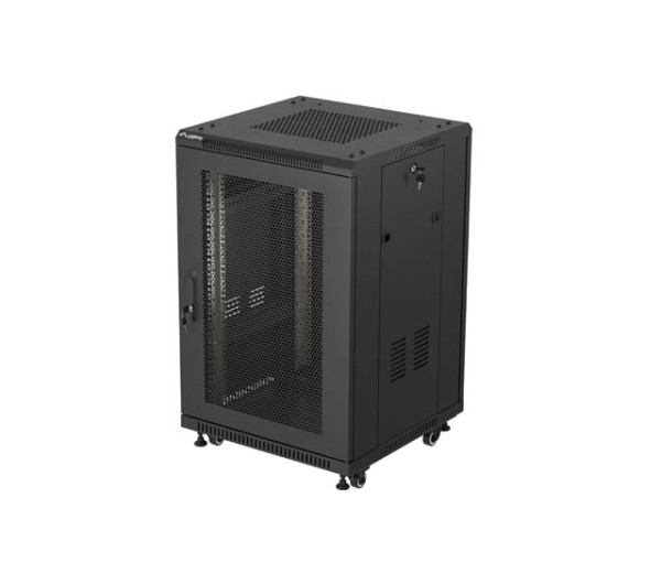 Lanberg FF01-6618-23B 19" 18U SZÉL:600mm MÉLY:600mm MAG:900mm lapraszerelt hálós fémajtós fekete álló rack szekrény