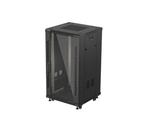 Lanberg FF01-6622-12B 19 22U SZÉL:600mm MÉLY:600mm MAG:1159mm lapraszerelt üvegajtós fekete álló rack szekrény