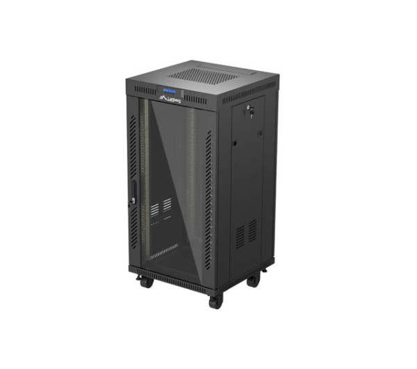 Lanberg FF01-6622-12BL 19 22U SZÉL:600mm MÉLY:600mm MAG:1234mm lapraszerelt LCD üvegajtós fekete álló rack szekrény
