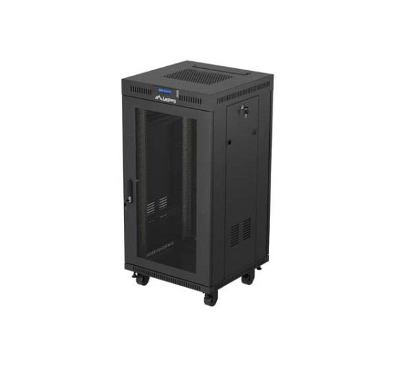 Lanberg FF01-6622-23BL 19 22U SZÉL:600mm MÉLY:600mm MAG:1239mm lapraszerelt LCD hálós fémajtós fekete álló rack szekrény