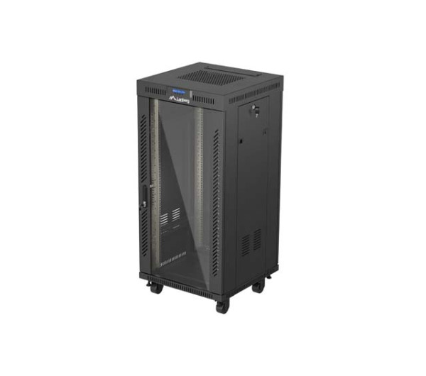 Lanberg FF01-6624-12BL 19" 24U SZÉL:600mm MÉLY:600mm MAG:1320mm lapraszerelt LCD üvegajtós fekete álló rack szekrény