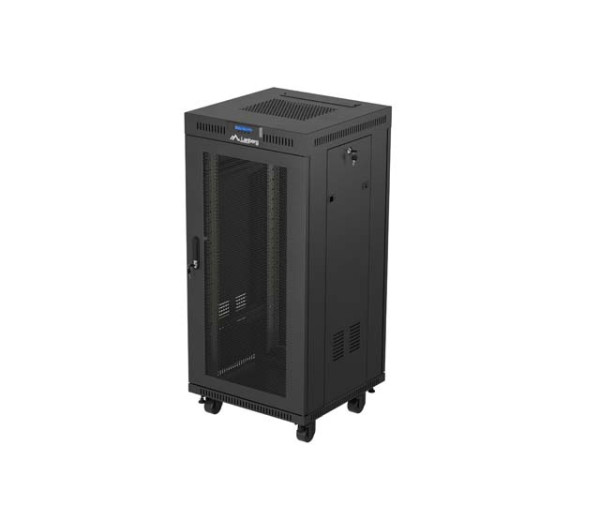 Lanberg FF01-6624-23BL 19" 24U SZÉL:600mm MÉLY:800mm MAG:1320mm lapraszerelt LCD hálós fémajtós fekete álló rack szekrény