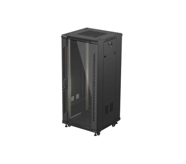 Lanberg FF01-6627-12B 19 27U SZÉL:600mm MÉLY:600mm MAG:1381mm lapraszerelt üvegajtós fekete álló rack szekrény