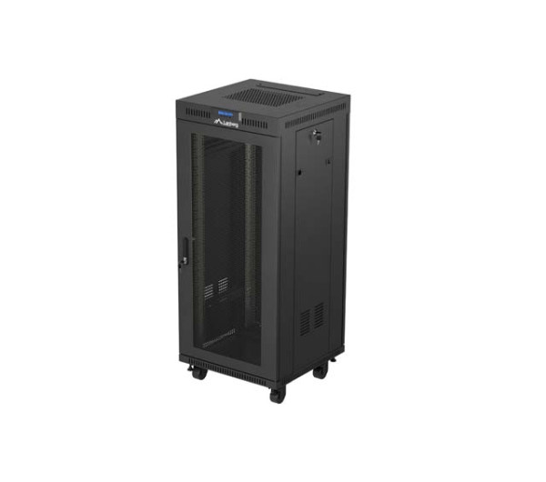 Lanberg FF01-6627-23BL 19 27U SZÉL:600mm MÉLY:600mm MAG:1461mm lapraszerelt LCD hálós fémajtós fekete álló rack szekrény