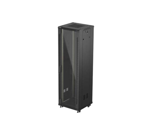 Lanberg FF01-6642-12B 19 42U SZÉL:600mm MÉLY:600mm MAG:2047mm lapraszerelt üvegajtós fekete álló rack szekrény