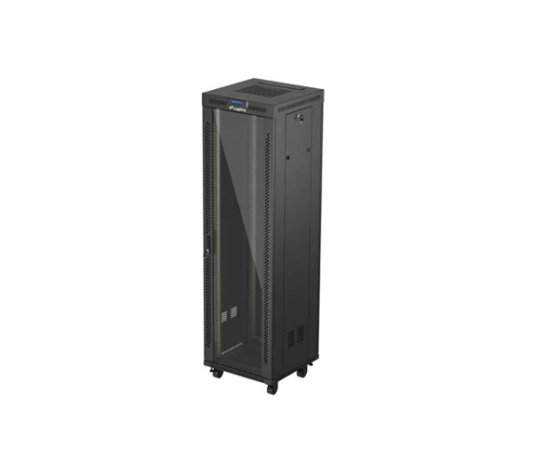 Lanberg FF01-6642-12BL 19 42U SZÉL:600mm MÉLY:600mm MAG:2097mm lapraszerelt LCD üvegajtós fekete álló rack szekrény