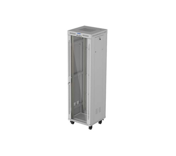 Lanberg FF01-6642-12SL 19" 42U SZÉL:600mm MÉLY:600mm MAG:2121mm lapraszerelt LCD üvegajtós szürke álló rack szekrény