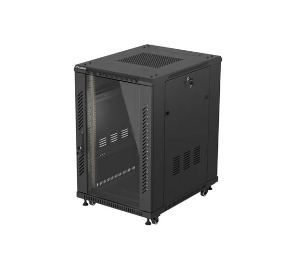 Lanberg FF01-6818-12B 19" 18U SZÉL:600mm MÉLY:800mm MAG:900mm lapraszerelt üvegajtós fekete álló rack szekrény