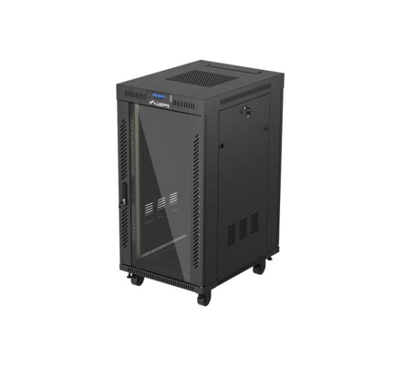 Lanberg FF01-6822-12BL 19 22U SZÉL:600mm MÉLY:800mm MAG:1239mm lapraszerelt LCD üvegajtós fekete álló rack szekrény