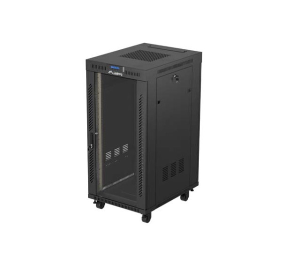 Lanberg FF01-6824-12BL 19" 42U SZÉL:600mm MÉLY:800mm MAG:1320mm lapraszerelt LCD üvegajtós fekete álló rack szekrény