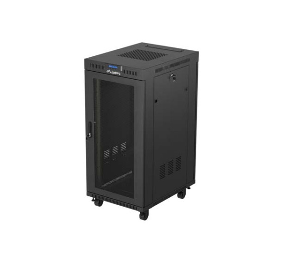 Lanberg FF01-6824-23BL 19" 42U SZÉL:600mm MÉLY:800mm MAG:1320mm lapraszerelt LCD hálós fémajtós fekete álló rack szekrény