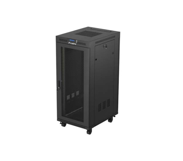 Lanberg FF01-6827-23BL 19 27U SZÉL:600mm MÉLY:800mm MAG:1461mm lapraszerelt LCD hálós fémajtós fekete álló rack szekrény