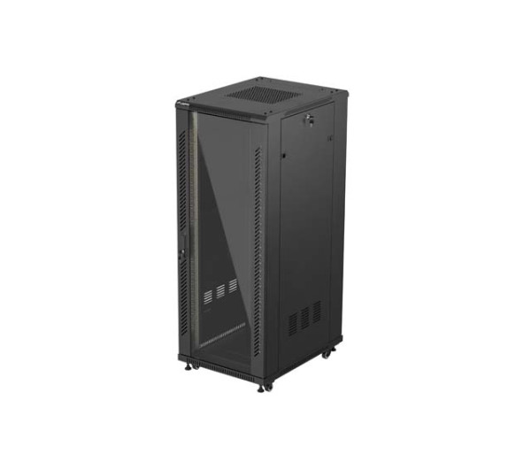 Lanberg FF01-6832-12B 19 32U SZÉL:600mm MÉLY:800mm MAG:1603mm lapraszerelt üvegajtós fekete álló rack szekrény
