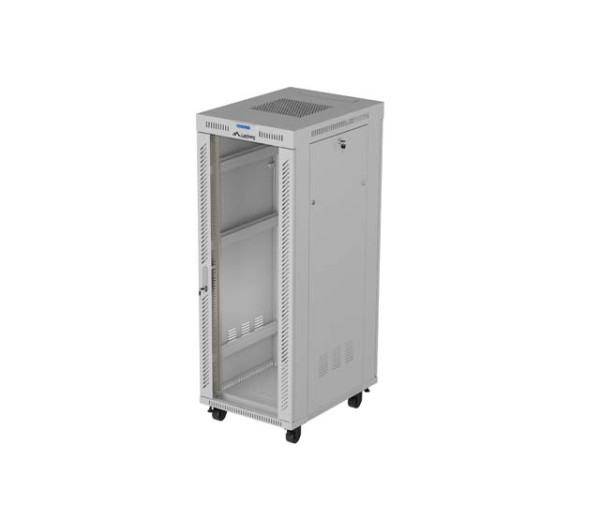 Lanberg FF01-6832-12SL 19" 32U SZÉL:600mm MÉLY:800mm MAG:1677mm lapraszerelt LCD üvegajtós szürke álló rack szekrény