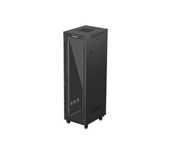 Lanberg FF01-6842-12BL 19 42U SZÉL:600mm MÉLY:800mm MAG:2097mm lapraszerelt LCD üvegajtós fekete álló rack szekrény