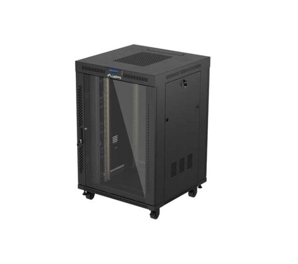 Lanberg FF01-8822-12BL 19 22U SZÉL:800mm MÉLY:800mm MAG:1239mm lapraszerelt LCD üvegajtós fekete álló rack szekrény