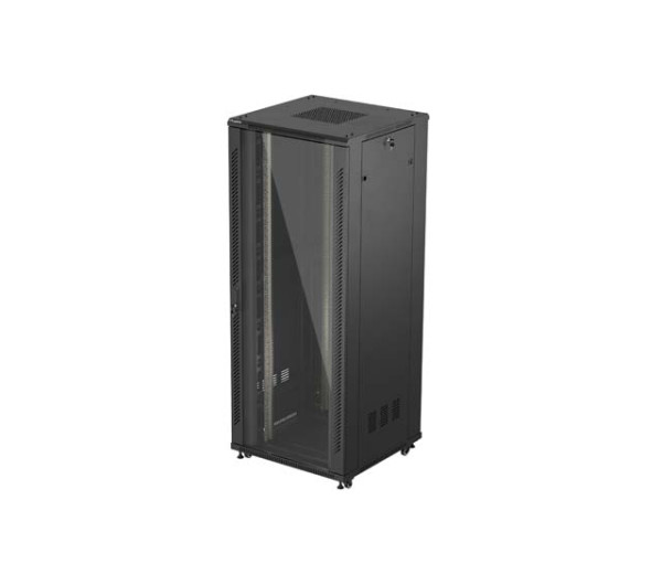 Lanberg FF01-8842-12B 19 42U SZÉL:800mm MÉLY:800mm MAG:2047mm lapraszerelt üvegajtós fekete álló rack szekrény
