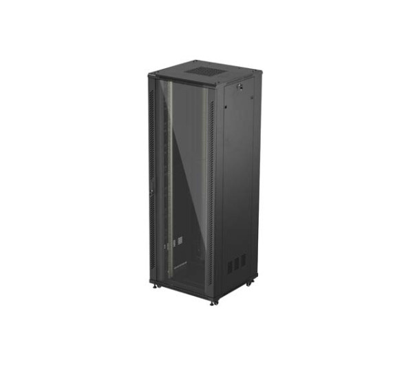 Lanberg FF01-8847-12B 19 47U SZÉL:800mm MÉLY:800mm MAG:2270mm lapraszerelt üvegajtós fekete álló rack szekrény