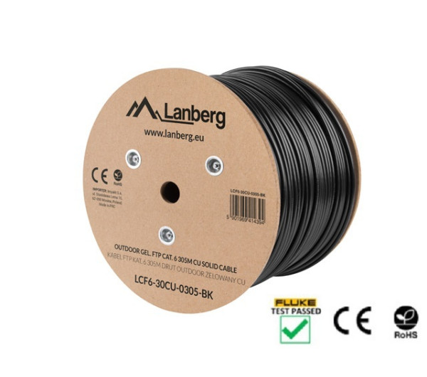 Lanberg LCF6-30CU-0305-BK Cat.6 F/UTP PE+PVC Fca 250MHz AWG23 305m árnyékolt zselés fekete kültéri kábel