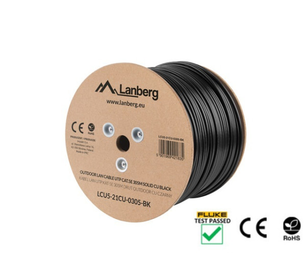 Lanberg LCU5-21CU-0305-BK Cat.5e UTP PE CU Fca 100MHz AWG24 305m árnyékolatlan fekete kültéri kábel