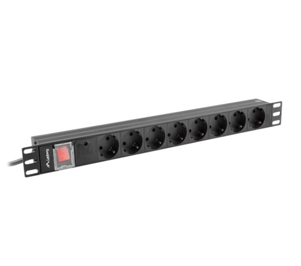 Lanberg PDU-08F-0200-BK 19" 1U 8xSchuko aljzat Schuko csatlakozóvéggel 2m fekete elosztósor kapcsolóval