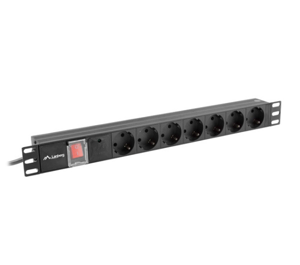 Lanberg PDU-07F-0200-IEC-BK 19 1U 7xSchuko aljzat C14 csatlakozóvéggel 2m fekete elosztósor kapcsolóval