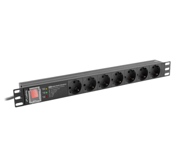 Lanberg PDU-PRO-07F-0200-BK 19"" 1U 7xSchuko aljzat Schuko csatlakozóvéggel 16A SPD-3MP 2m túlfeszültségvédett elosztósor kapcsolóval